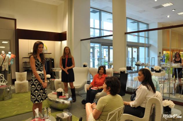 (Standing L-R) Olivia and Alex Chantecaille talk with Neiman Marcus customers.
